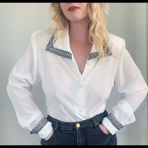 White and Black Embroidered Vintage Blouse